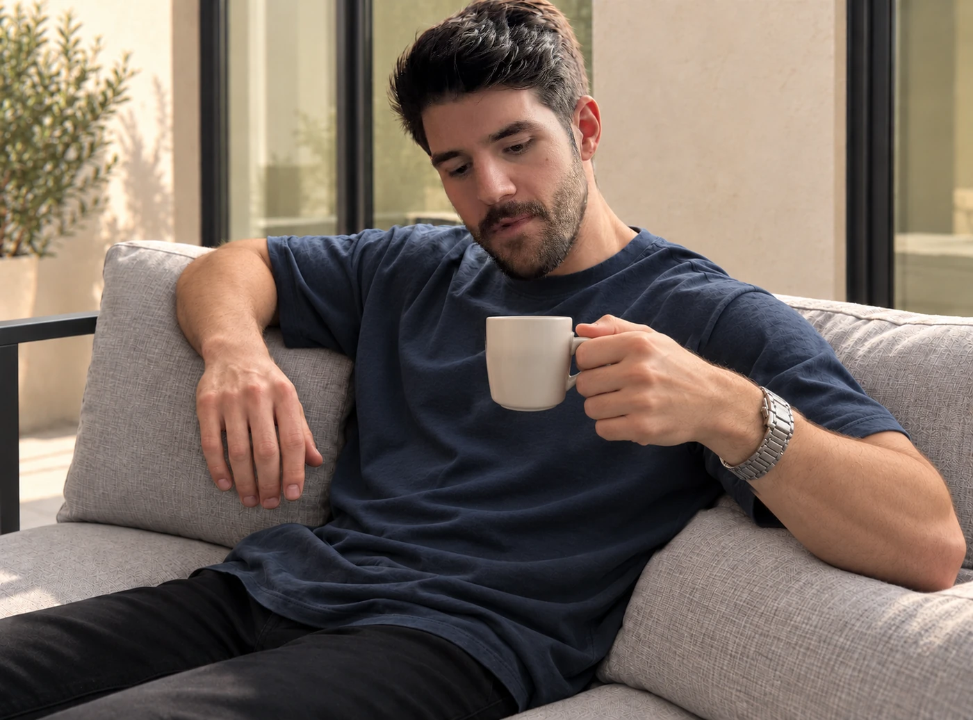 Alex Saumell en una terraza con un café